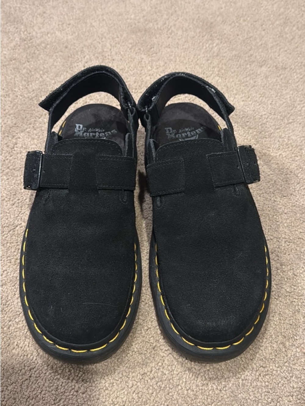 Dr. Martens Black Suede Sandal with Yellow Stitching Accent